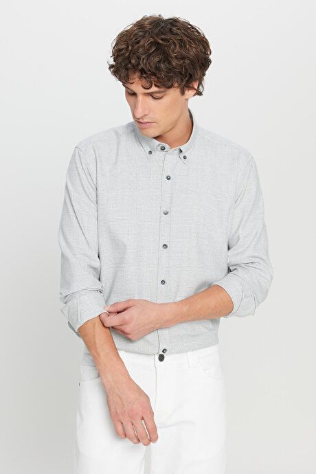Slim Fit Dar Kesim Düğmeli Yaka Kareli Gri Gömlek resmi