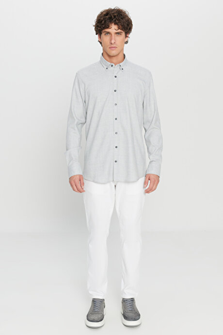 Slim Fit Dar Kesim Düğmeli Yaka Kareli Gri Gömlek resmi