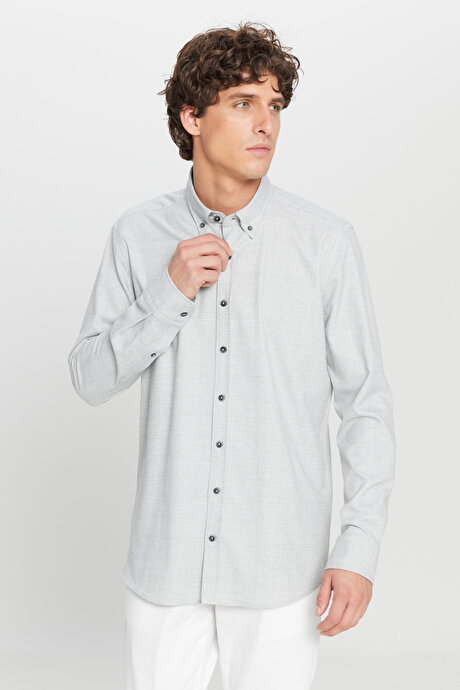 Slim Fit Dar Kesim Düğmeli Yaka Kareli Gri Gömlek resmi