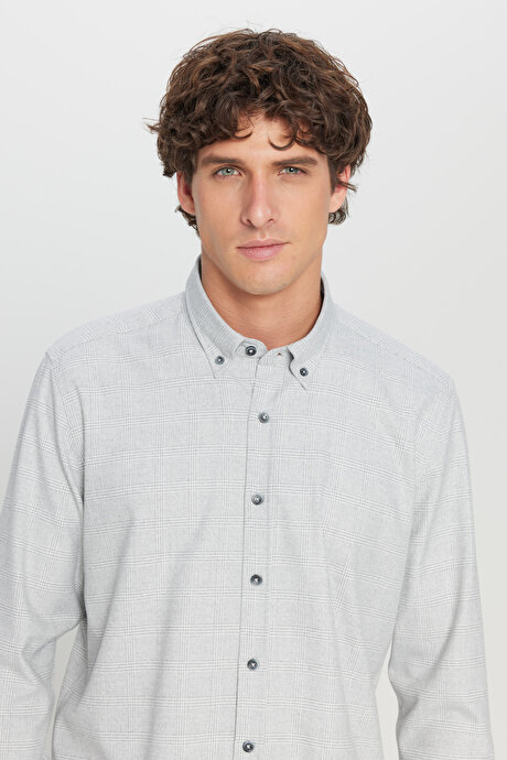 Slim Fit Dar Kesim Düğmeli Yaka Kareli Gri Gömlek resmi