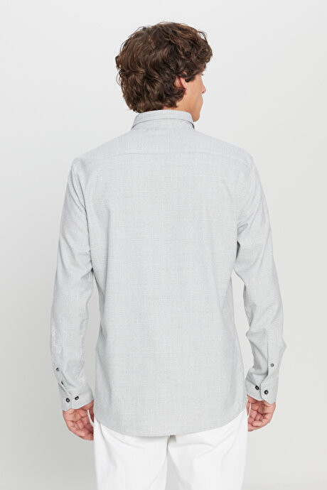 Slim Fit Dar Kesim Düğmeli Yaka Kareli Gri Gömlek resmi