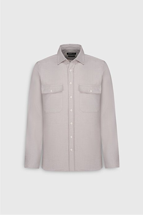 Oxford Slim Fit Dar Kesim Klasik Yaka Çift Kapak Cepli Bej Gömlek resmi