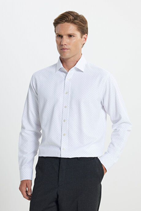 Pamuklu Slim Fit Dar Kesim Klasik Yaka Armürlü Beyaz-Haki Gömlek resmi