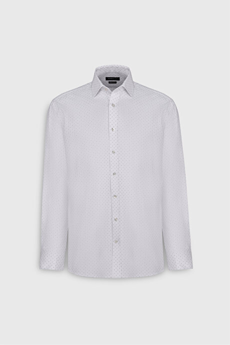 Pamuklu Slim Fit Dar Kesim Klasik Yaka Armürlü Beyaz-Haki Gömlek resmi