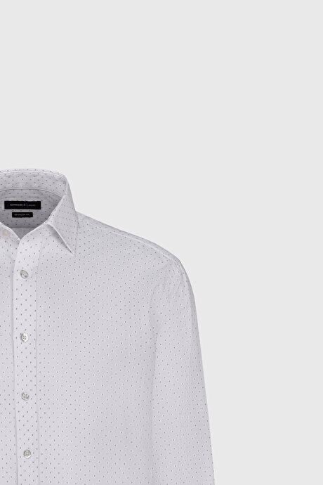 Pamuklu Slim Fit Dar Kesim Klasik Yaka Armürlü Beyaz-Haki Gömlek resmi