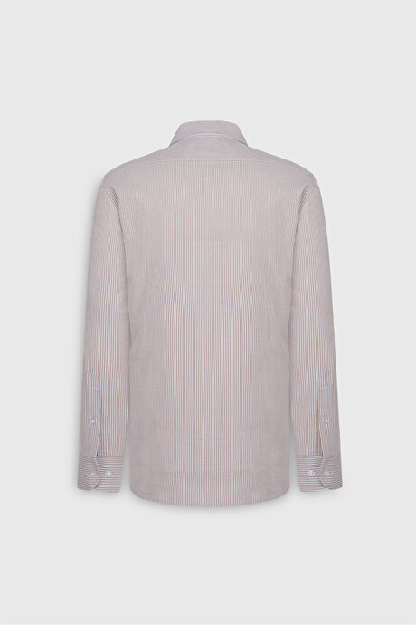 %100 Pamuk Slim Fit Dar Kesim Düğmeli Yaka Çizgili Bej-Beyaz Gömlek resmi
