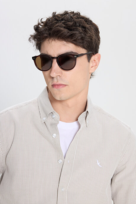 %100 Pamuk Slim Fit Dar Kesim Düğmeli Yaka Çizgili Bej-Beyaz Gömlek resmi