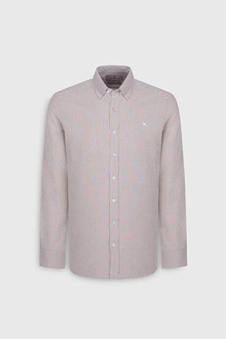 %100 Pamuk Slim Fit Dar Kesim Düğmeli Yaka Çizgili Bej-Beyaz Gömlek resmi