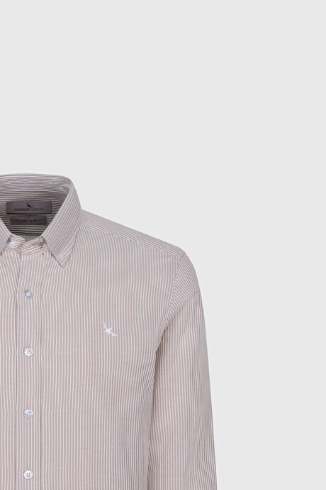%100 Pamuk Slim Fit Dar Kesim Düğmeli Yaka Çizgili Bej-Beyaz Gömlek resmi