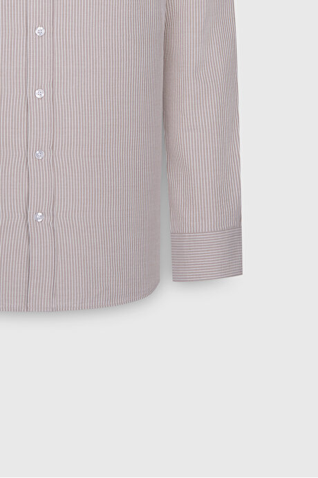 %100 Pamuk Slim Fit Dar Kesim Düğmeli Yaka Çizgili Bej-Beyaz Gömlek resmi