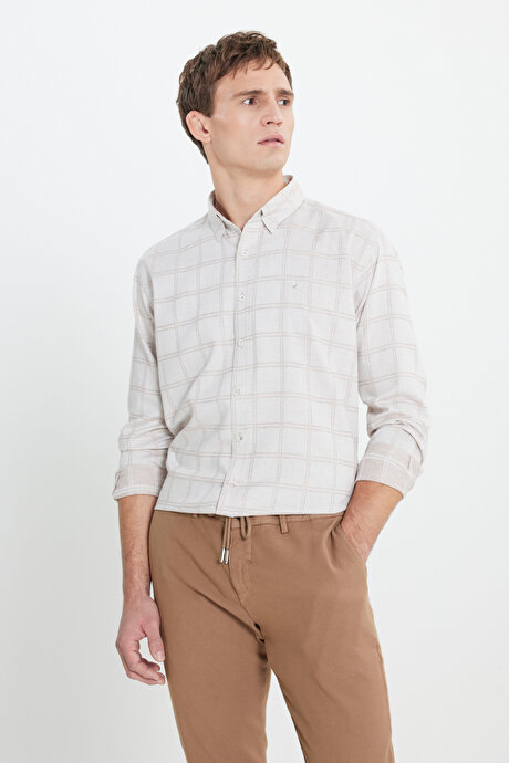 Oxford Regular Fit Rahat Kesim Gizli Düğmeli Yaka Kareli BEJ ACIK KAHVE Gömlek resmi