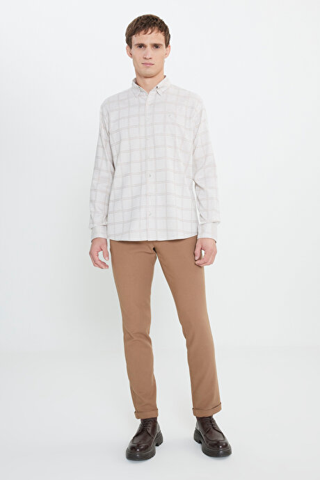 Oxford Regular Fit Rahat Kesim Gizli Düğmeli Yaka Kareli BEJ ACIK KAHVE Gömlek resmi