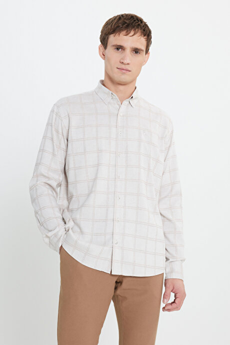 Oxford Regular Fit Rahat Kesim Gizli Düğmeli Yaka Kareli BEJ ACIK KAHVE Gömlek resmi