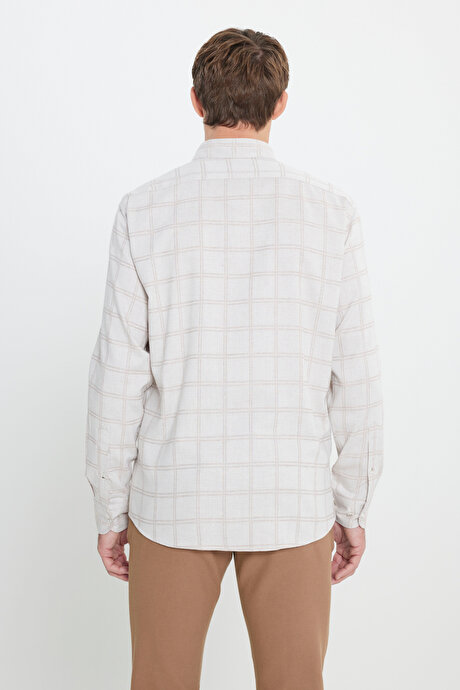 Oxford Regular Fit Rahat Kesim Gizli Düğmeli Yaka Kareli BEJ ACIK KAHVE Gömlek resmi