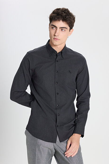 %100 Pamuk Slim Fit Dar Kesim Gizli Düğmeli Yaka Balıksırtı Desenli Antrasit Gömlek resmi