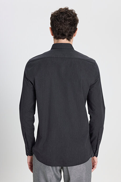 %100 Pamuk Slim Fit Dar Kesim Gizli Düğmeli Yaka Balıksırtı Desenli Antrasit Gömlek resmi