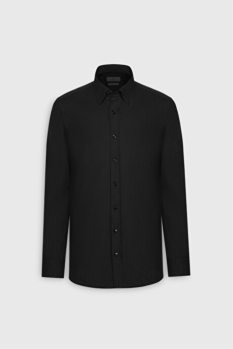 %100 Pamuk Slim Fit Dar Kesim Gizli Düğmeli Yaka Balıksırtı Desenli Antrasit Gömlek resmi