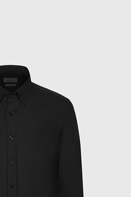 %100 Pamuk Slim Fit Dar Kesim Gizli Düğmeli Yaka Balıksırtı Desenli Antrasit Gömlek resmi