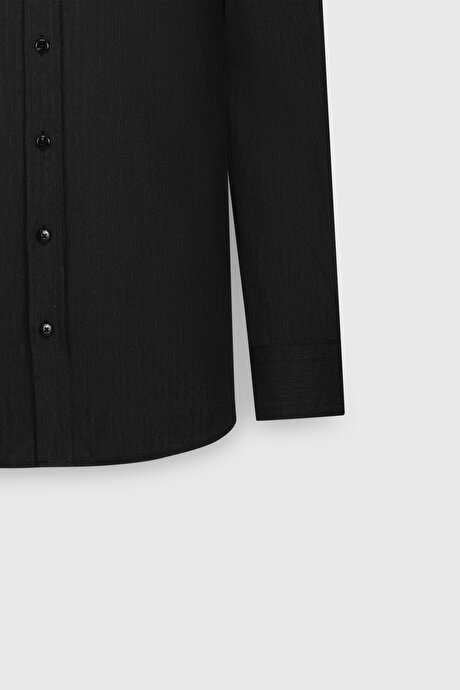 %100 Pamuk Slim Fit Dar Kesim Gizli Düğmeli Yaka Balıksırtı Desenli Antrasit Gömlek resmi