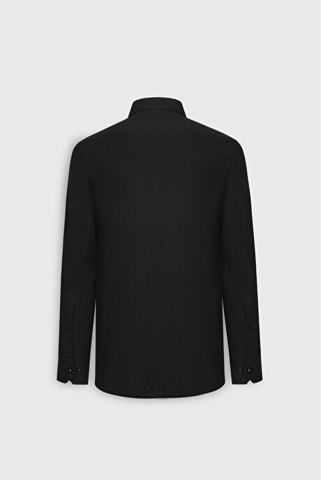 %100 Pamuk Slim Fit Dar Kesim Gizli Düğmeli Yaka Balıksırtı Desenli Antrasit Gömlek resmi