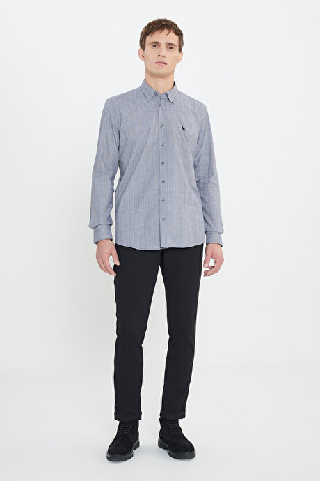 %100 Pamuk Oxford Slim Fit Dar Kesim Gizli Düğmeli Yaka Kareli Gri-Beyaz Gömlek resmi