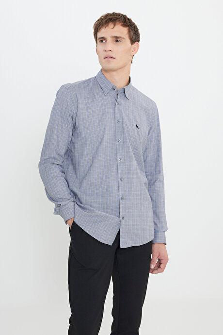 %100 Pamuk Oxford Slim Fit Dar Kesim Gizli Düğmeli Yaka Kareli Gri-Beyaz Gömlek resmi