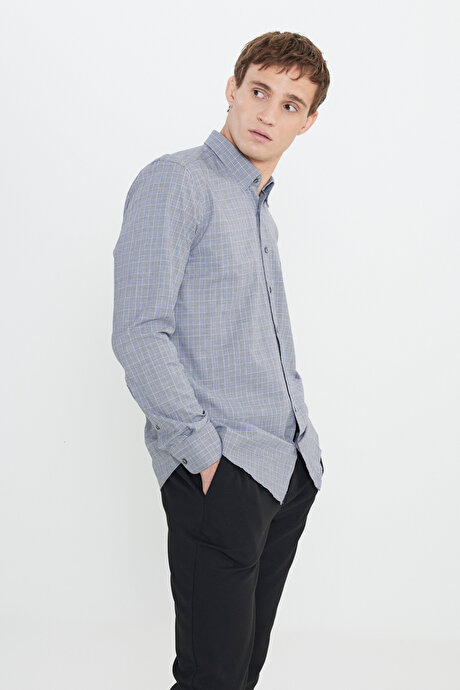 %100 Pamuk Oxford Slim Fit Dar Kesim Gizli Düğmeli Yaka Kareli Gri-Beyaz Gömlek resmi
