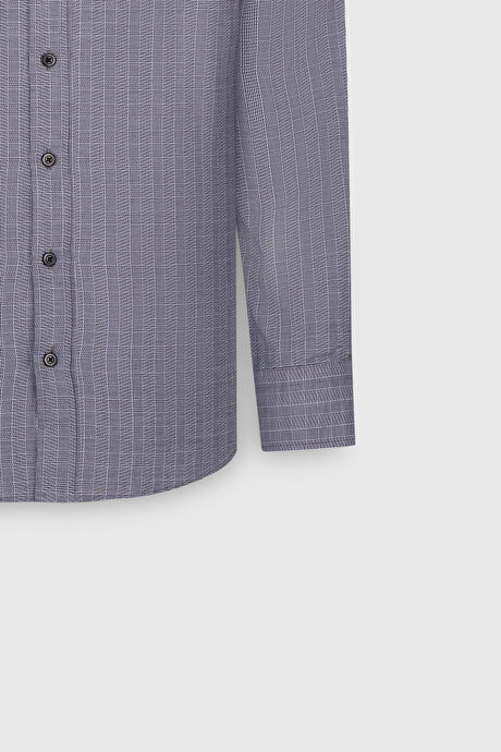 %100 Pamuk Oxford Slim Fit Dar Kesim Gizli Düğmeli Yaka Kareli Gri-Beyaz Gömlek resmi