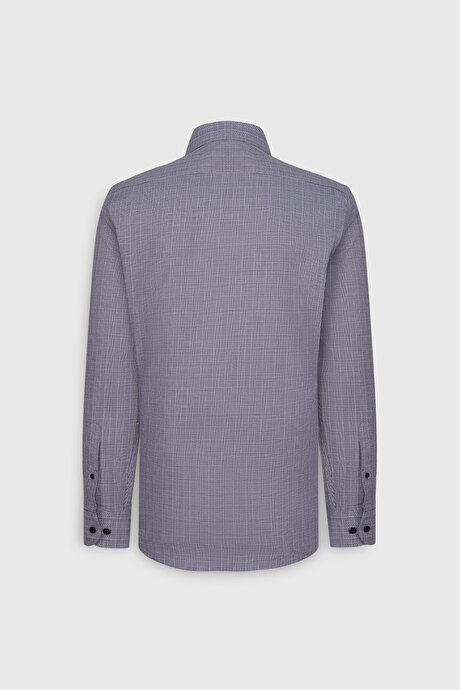 %100 Pamuk Oxford Slim Fit Dar Kesim Gizli Düğmeli Yaka Kareli Gri-Beyaz Gömlek resmi