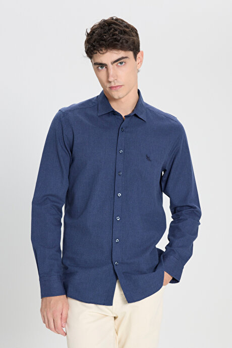 %100 Pamuk Flanel Slim Fit Dar Kesim Klasik Yaka Armürlü Lacivert Gömlek resmi