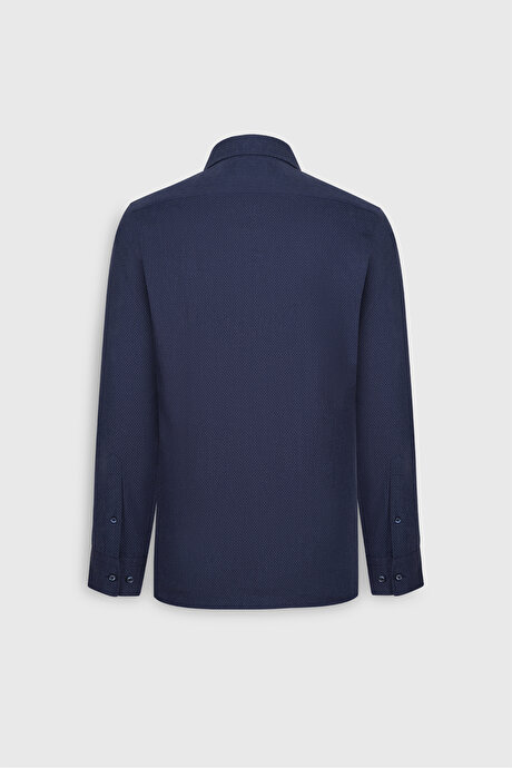 %100 Pamuk Flanel Slim Fit Dar Kesim Klasik Yaka Armürlü Lacivert Gömlek resmi