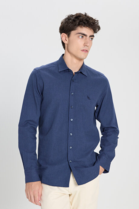 %100 Pamuk Flanel Slim Fit Dar Kesim Klasik Yaka Armürlü Lacivert Gömlek resmi