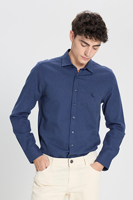 %100 Pamuk Flanel Slim Fit Dar Kesim Klasik Yaka Armürlü Lacivert Gömlek resmi