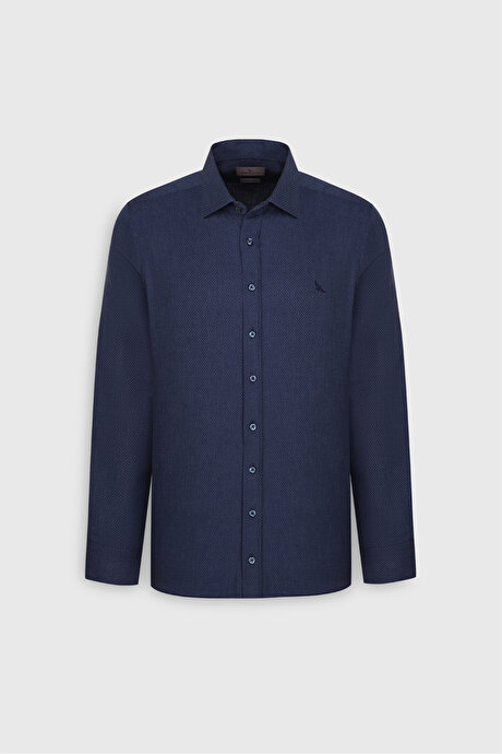 %100 Pamuk Flanel Slim Fit Dar Kesim Klasik Yaka Armürlü Lacivert Gömlek resmi