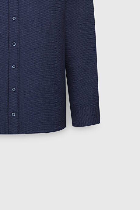 %100 Pamuk Flanel Slim Fit Dar Kesim Klasik Yaka Armürlü Lacivert Gömlek resmi