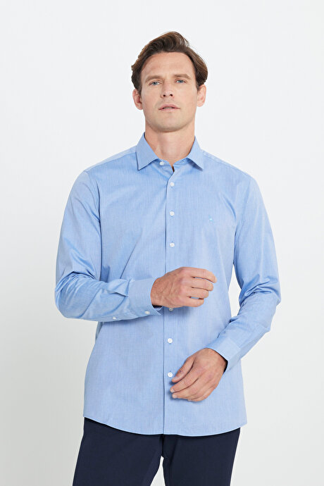 %100 Pamuk Slim Fit Dar Kesim Klasik Yaka Diagonal Desenli Mavi Gömlek resmi