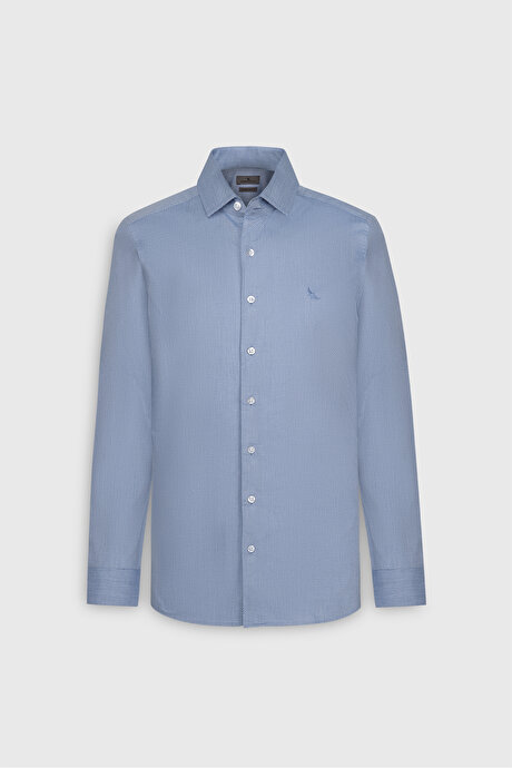%100 Pamuk Slim Fit Dar Kesim Klasik Yaka Diagonal Desenli Mavi Gömlek resmi