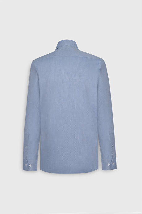 %100 Pamuk Slim Fit Dar Kesim Klasik Yaka Diagonal Desenli Mavi Gömlek resmi