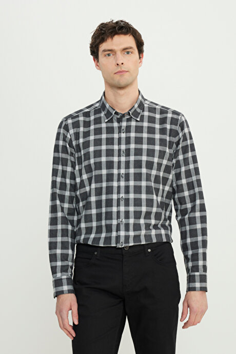 %100 Pamuk Oxford Slim Fit Dar Kesim Klasik Yaka Desenli Antrasit-Gri Gömlek resmi