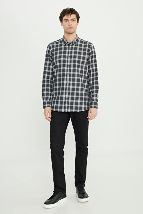 %100 Pamuk Oxford Slim Fit Dar Kesim Klasik Yaka Desenli Antrasit-Gri Gömlek resmi