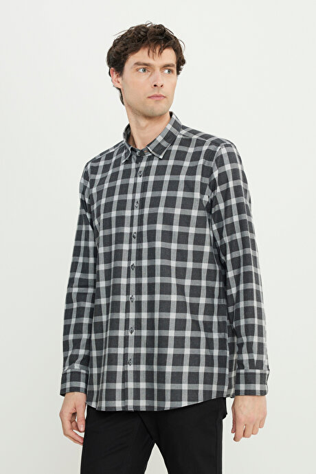%100 Pamuk Oxford Slim Fit Dar Kesim Klasik Yaka Desenli Antrasit-Gri Gömlek resmi