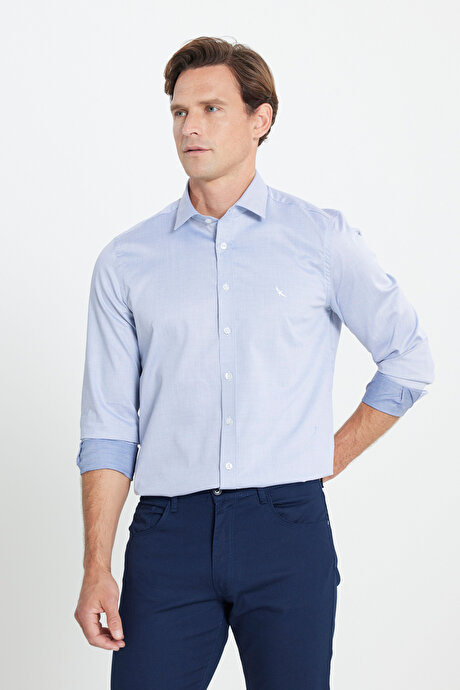 %100 Pamuk Slim Fit Dar Kesim Armürlü Açık Mavi Gömlek resmi