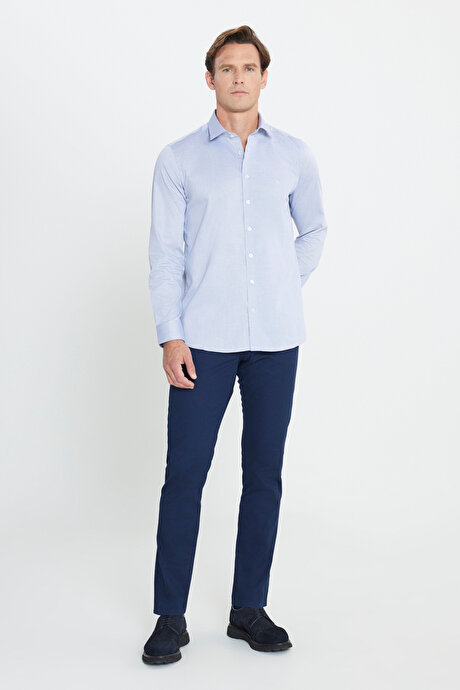 %100 Pamuk Slim Fit Dar Kesim Armürlü Açık Mavi Gömlek resmi