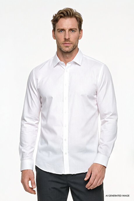 Non-Iron Ütü Gerektirmeyen %100 Pamuk Slim Fit Dar Kesim Klasik Yaka Beyaz Gömlek resmi