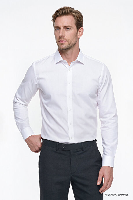 Non-Iron Ütü Gerektirmeyen %100 Pamuk Slim Fit Dar Kesim Klasik Yaka Beyaz Gömlek resmi