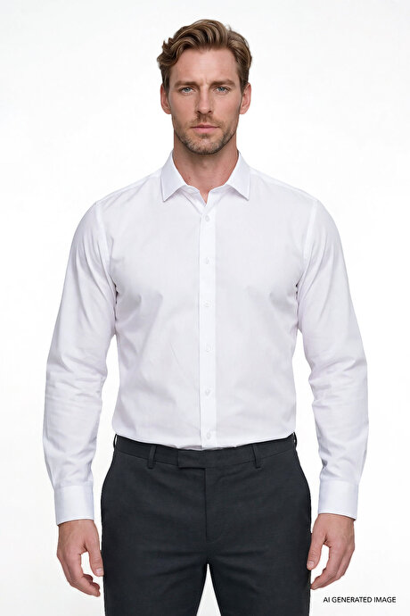 Non-Iron Ütü Gerektirmeyen %100 Pamuk Slim Fit Dar Kesim Klasik Yaka Beyaz Gömlek resmi