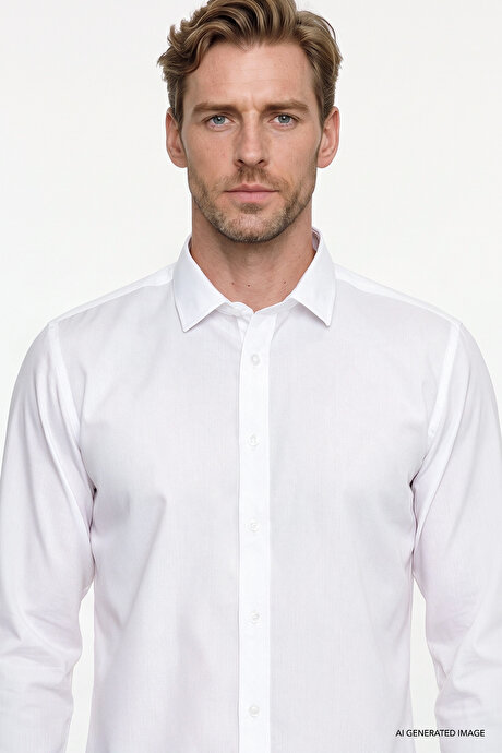 Non-Iron Ütü Gerektirmeyen %100 Pamuk Slim Fit Dar Kesim Klasik Yaka Beyaz Gömlek resmi