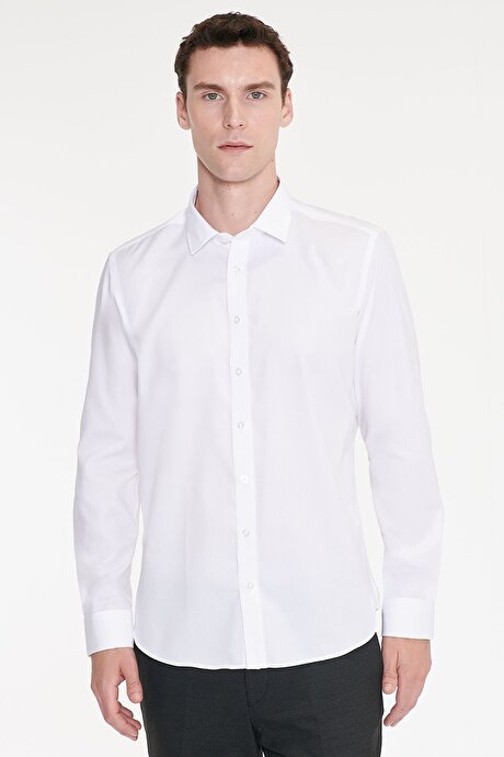 Non-Iron Ütü Gerektirmeyen %100 Pamuk Slim Fit Dar Kesim Klasik Yaka Beyaz Gömlek resmi