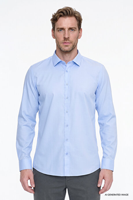 Non-Iron Ütü Gerektirmeyen %100 Pamuk Slim Fit Dar Kesim Klasik Yaka Mavi Gömlek resmi
