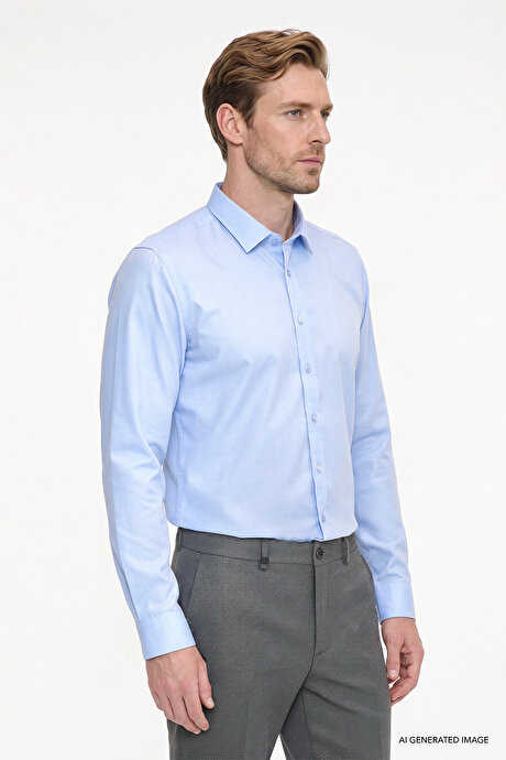Non-Iron Ütü Gerektirmeyen %100 Pamuk Slim Fit Dar Kesim Klasik Yaka Mavi Gömlek resmi